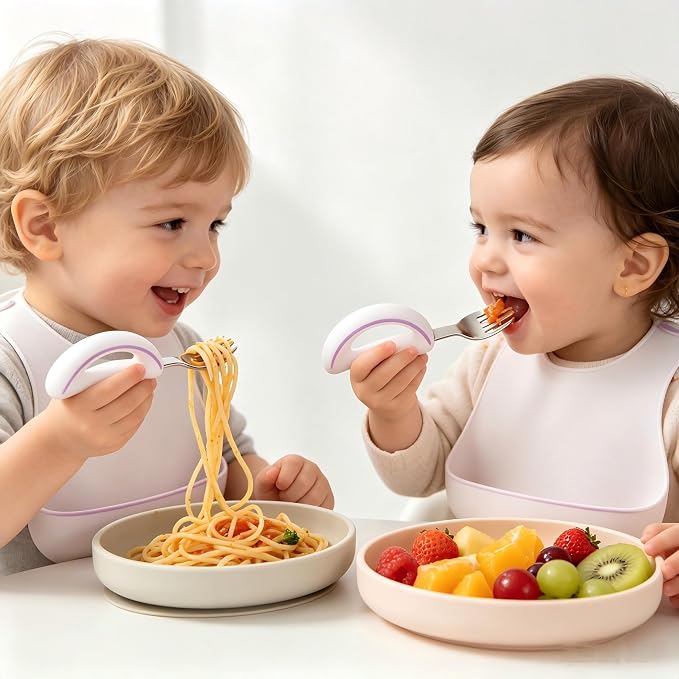 Kids Fork and Spoon Utensil Set, Blue, 4 Pack | Silicone, Stainless Steel, For Babies Toddler, 6M+ self-feeding Learning