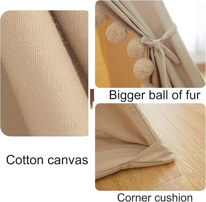RONGFA Teepee for Kids Tent Indoor with Floor Mat,Carry Bag,Banner,Play Cottage with Star Light, Cotton Canvas Kids Teepee Tent for Girls & Boys, Pompom Ball Design, Foldable Teepee Tent