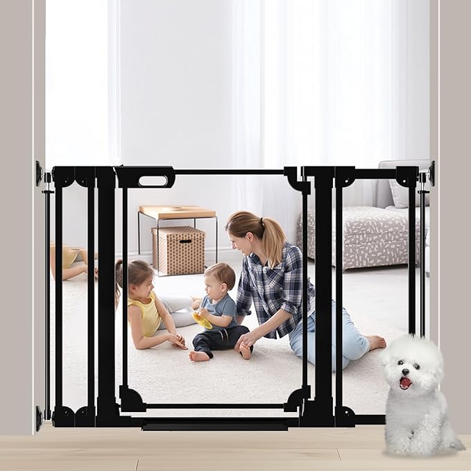 AiWMGL Clear Baby Gate 29.13-47.24" Wide Acrylic Safety Proof Dog Puppy Pet Barrier for Stairs, Transparent Adjustable Pressure Mounted No Drill Auto Close Indoor, Doorways, Hallway, Black