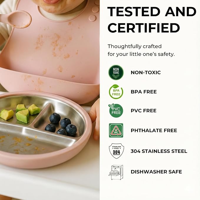 Stainless Steel Baby & Toddler Plate with Suction, Set of 2 Divided Plates with Removable Silicone Sleeves, Non Toxic BPA Free Non-Slip Unbreakable Kids Dishes (Tofu & Pearl Blush)