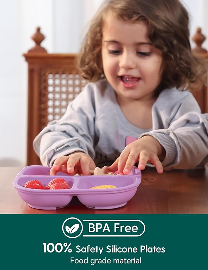 Babelio Powerful Suction Plates for Baby and Toddler, 100% Food Grand Silicone, Divided, BPA Free, Microwave & Dishwasher Safe, Stay Put, 3 Pack