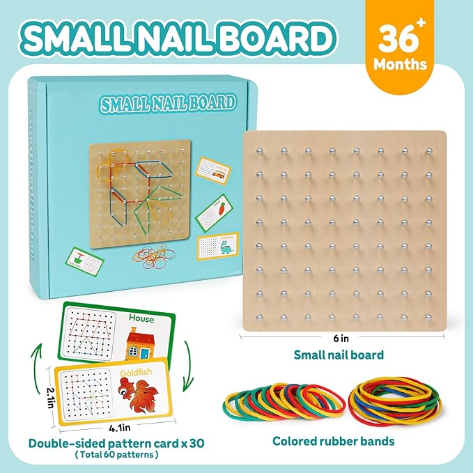 Skrtuan Wooden Geoboard for Kids - Montessori STEM Educational Toy with Pattern Cards & Rubber Bands,Early Fine Motor Skill Learning Shape Puzzle & Brain Teaser Geo Board for Boys Girls Ages 3+