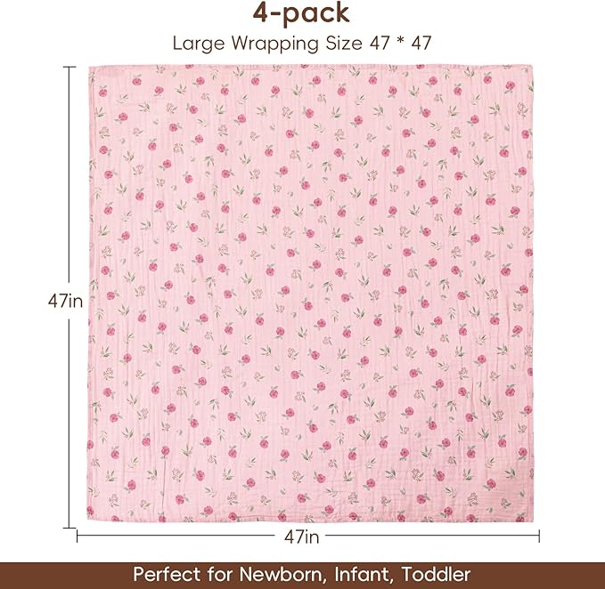 david's kids 4 Pack Baby Muslin Swaddle Blankets,100% Cotton and Ultra Soft Breathable Receiving Blanket Wrap for Girls, New Born Essentials, Large 47 x 47 inches, Floral Flowers/Pink
