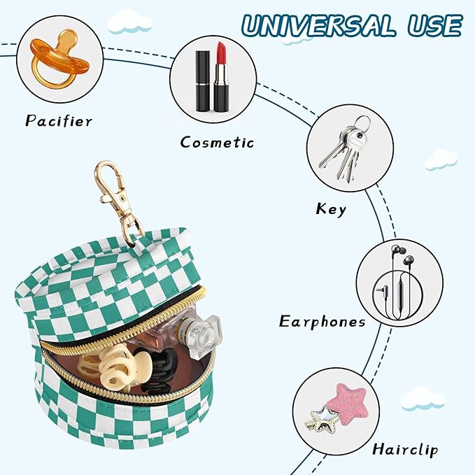 Checkered Plaid Green Pattern Pacifier Holder Case with Metal Clip Portable Pacifier Box for Newborn Baby