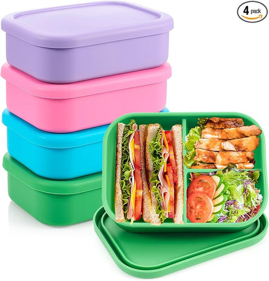 Layhit 4 Pcs Silicone Bento Box for Adults, 27 oz Bento Lunch Container Reusable Food Container for Women Men, Leak Proof Microwave Dishwasher Freezer Safe (3 Compartments,Bright Colors)