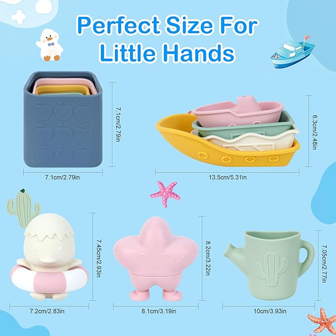MCGMITT Baby Bath Toys for Kids Ages 1-3, 12 PCS Silicone Mold Free Bathtub Toys for 6-12 Months, Soft Stacking Cups & No Hole Duck & Floating Boats, Beach Sand Water Table Pool Toys for Toddlers