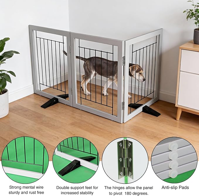 Dog Fence Indoor - 3-Panel Freestanding Dog Gate for Doorways, Hallways, House or Stairs -60x32-Inch Retractable Foldable Expandable Wood Pet by SFJC (Grey)