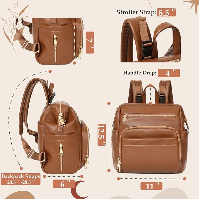 Omanmoli Small Diaper Bag Mini Diaper Bag Backpack Leather Diaper Bag With 12 Pockets Baby Travel Bag,2 Insulated Pockets,USB Charging Port,Stroller Straps,Brown