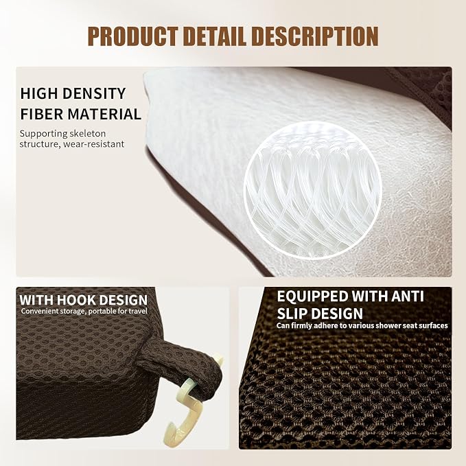 Shower Bench Cushion, Soft Chair Pad for Elderly Bathing, Easy to Clean & Quick Dry，Using 4D air Fiber Material, Suitable for Shower Cushion, Bathtub Baths, Poolside Rest，Brown