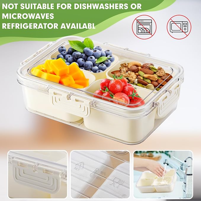 Divided Serving Tray with Lid and Handle, Snackle Box Container mit 4 Compartments Clear Serving Platters and Trays,Snack Platters for Veggie Fruits Snacks Nuts, for Picnic Party Travel