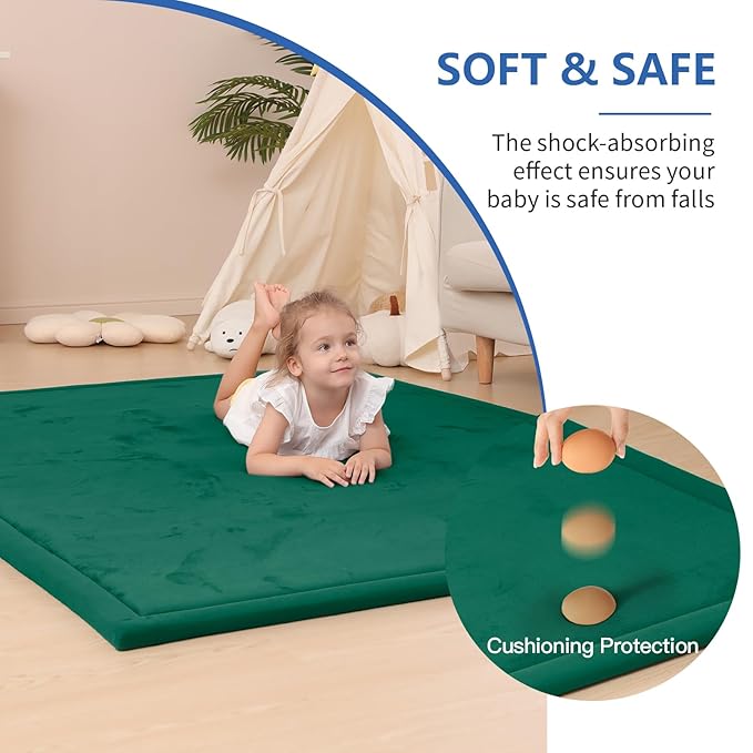 Baby Play Mat for Floor,1.3" Thick Memory foam Tummy Time Mat for Toddlers,Infants,kids,Water-Repellent Soft Nursery Rug ,79"×118" Extra Large Non Slip for Crawling&Yoga,Tatami Style for Living Room(Dark Green)