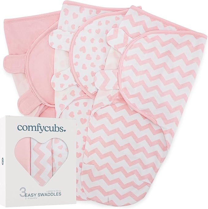 Comfy Cubs Easy Swaddle Blanket, 3 Pack - 100% Cotton Newborn Wrap, Large for 3-6 Months Infants, Breathable and Durable Sleep Sack for Babies - Pink