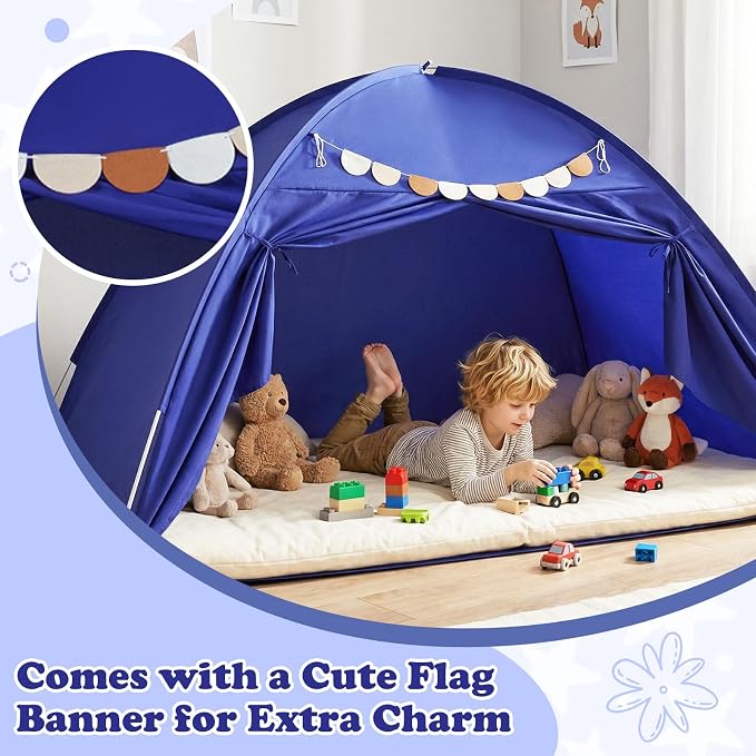 Costzon Toddler Bed Tent, Twin Size Indoor Canopy Tent for Kids w/ 2 Windows, Flag Banner, Brushed Fabric Privacy Playhouse, Portable Play Tent for Bunk Bed, Playroom, Suits 3+ Boys & Girls (Navy)