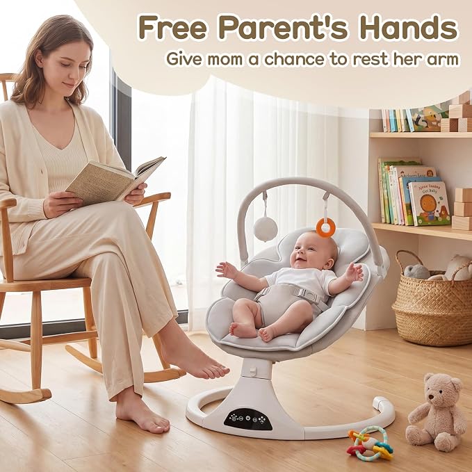 Electric Baby Swing with Remote Control - 5 Natural Motion Speeds, Detachable Seat Pad | Portable Infant Swing for Indoor/Outdoor Use (0-6M, 20lbs) (Beige)