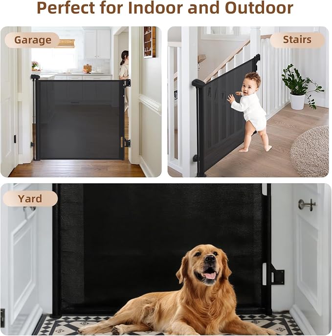 Retractable Baby Gate, 55 in Wide x 33 in Tall Mesh Dog Gate, Hardware Mounted Safety Gate with Double Lock for Doorways, Hallways, Indoor Outdoor, Black