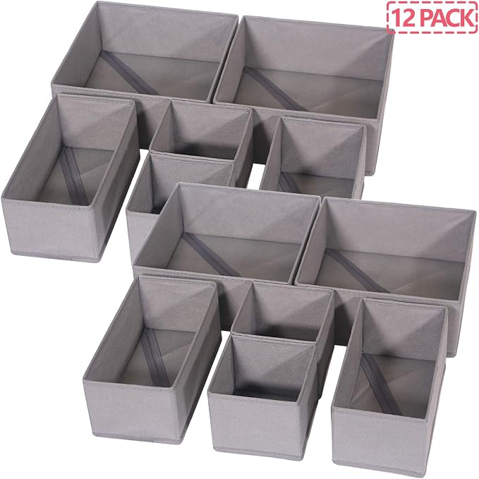 DIOMMELL 12 Pack Foldable Cloth Storage Box Closet Dresser Drawer Organizer Fabric Baskets Bins Containers Divider for Baby Clothes Underwear Bras Socks Lingerie Clothing,M Grey 444