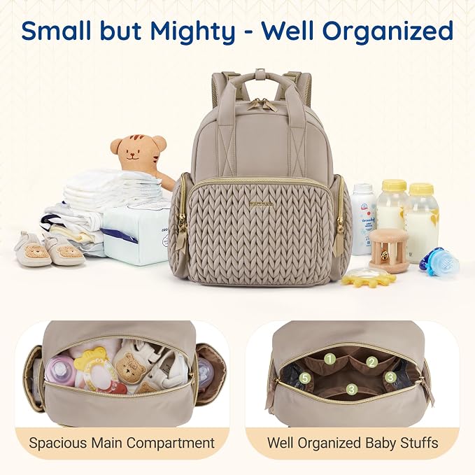 mommore Diaper Bag Backpack, Stylish Travel Baby Bag with Insulated Pockets, Changing Pad and Stroller Straps for Toddler (XS-Brown Taupe, Mini-16L)