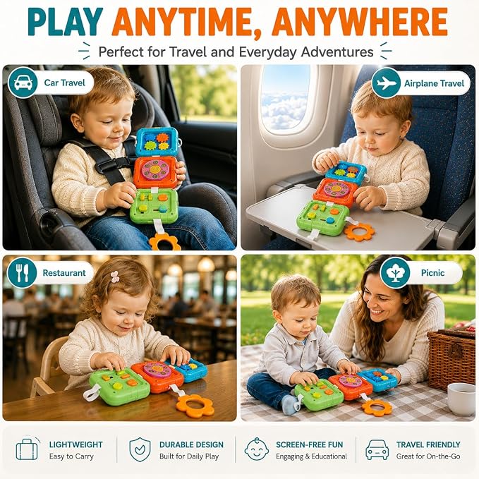6-in-1 Montessori Busy Board for Toddlers 1-3, Sensory Activity Board with Fine Motor Skills Toys, Portable Travel Toy, Educational Learning Toy for Boys and Girls Ages 1-3