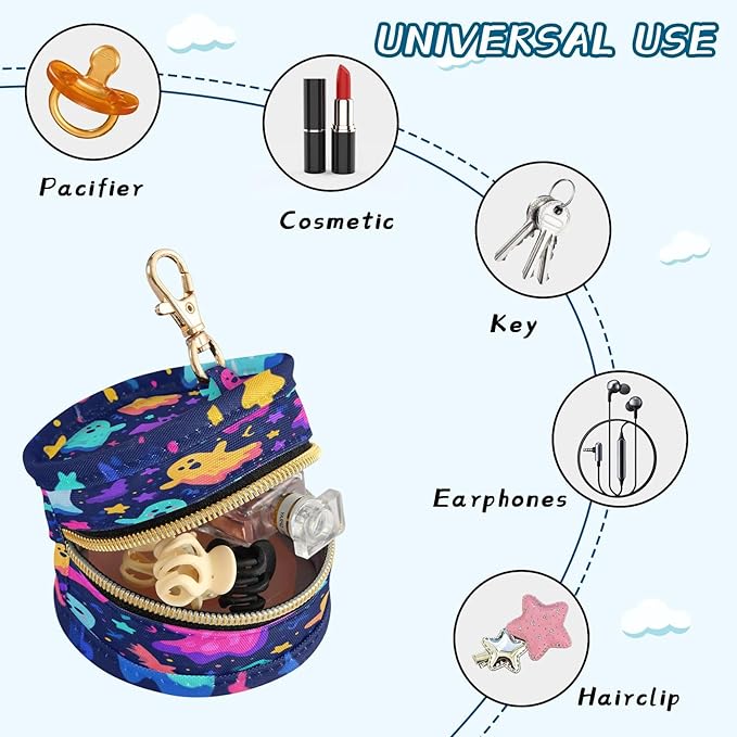 Pacifier Holder with Clip Pacifier Case for Diaper Bag Round Baby Pacifier Pouch Box Bag Portable Neon Halloween Ghosts Stars Bats