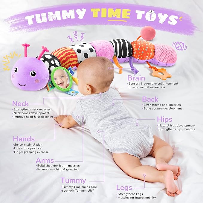 AWOTOY Baby Toys 6-12 Months Music Caterpillar,Stuffed Animals Infant Toys 0-3-6 Months,Teething Sensory Toys Tummy Time with Mirror Crinkle Rattle&Pull String for Boys Girls Gifts Birthday|Purple