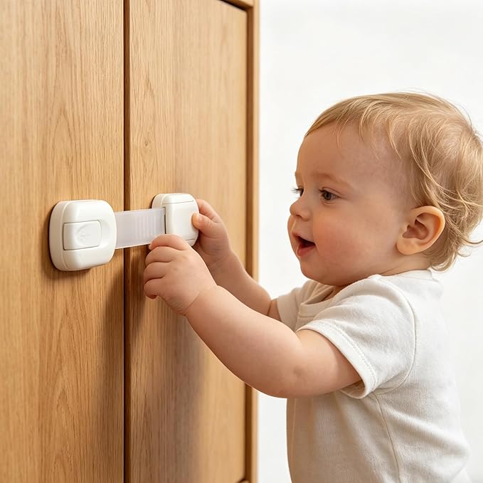 12-Pack Child Safety Cabinet Locks, No Drill Adjustable Strong Adhesive Straps, Toddler Baby Proofing for Cabinets Drawers Fridge Toilet Oven Cupboard