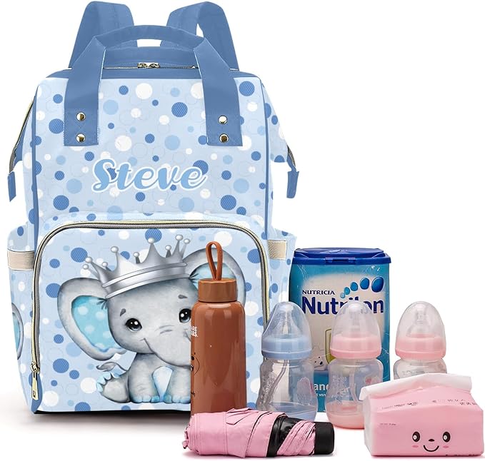 Cute Elephant Large Personalized Diaper Bag Backpack for Baby Boy with Name, Thermal Pockets, Waterproof Custom Baby Bags for Boys, Multi-functional Customized Nappy Bag Mom Travel Daypack