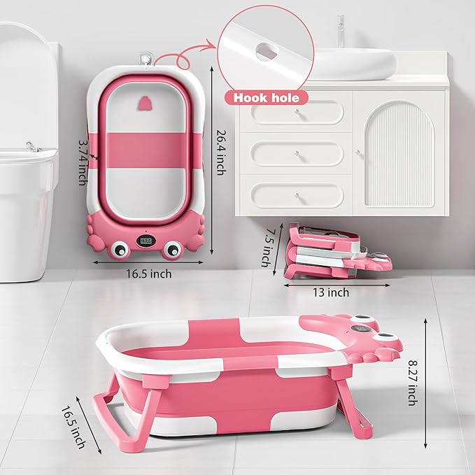 Collapsible Baby Bathtub for Newborns with Thermometer and Soft Floating Cushion Portable and Foldable Travel Baby Girl Bath Tub for Infants to Toddler 0-36 Month (Pink)
