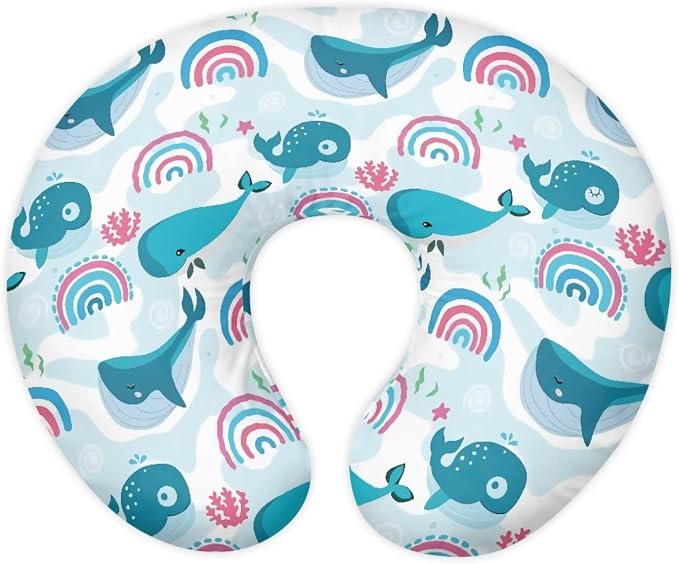 Nursing Pillow Cover for Breastfeeding, Fits Standard Nursing Pillow, Removable Cotton Cover, Blue Whales