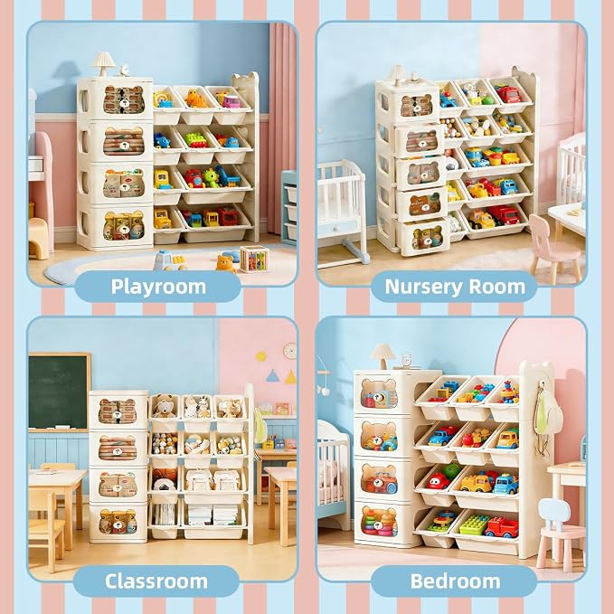Toy Storage Organizer with 4 Drawers and 10 Bins, 4-Tier Bookshelf with Removable Storage Bins, Cute Bear Cartoon Design, Sturdy Organizer for Playroom, Nursery, Classroom