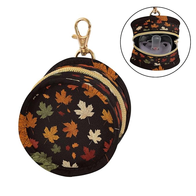 Pacifier Holder with Clip Pacifier Case for Diaper Bag Round Baby Pacifier Pouch Box Bag Portable Maple Leaves Black