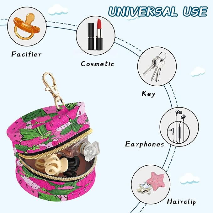 Pacifier Holder with Clip Pacifier Case for Diaper Bag Round Baby Pacifier Pouch Box Bag Portable Pink Cute Strawberries