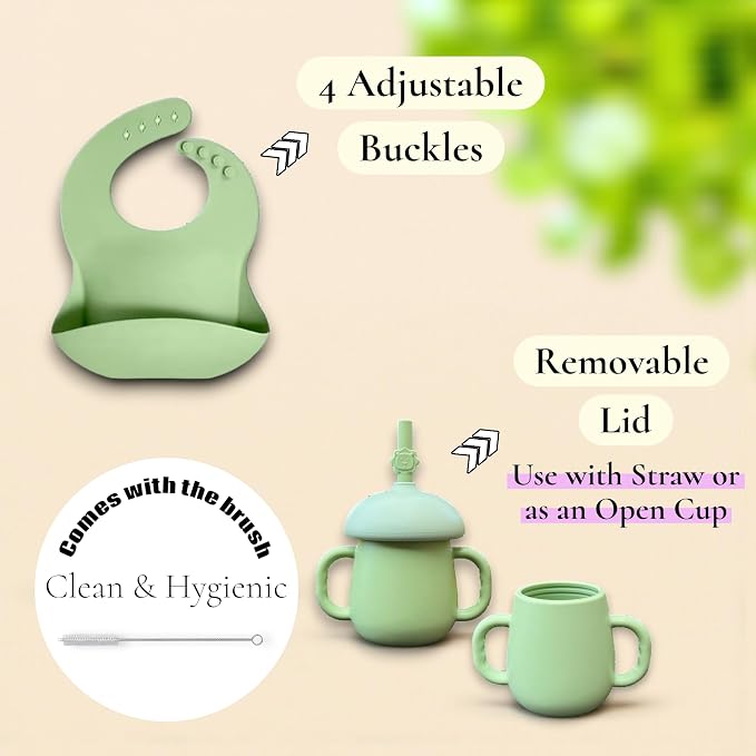 Bamboo Suction Plate and Bowl Set for Babies 7 Feeding Essentials Baby Led Weaning Supplies BPA Free Eco-Friendly (Green)