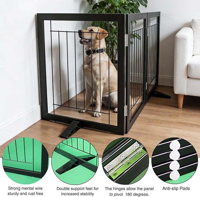 Dog Fence Indoor - 3-Panel Freestanding Dog Gate for Doorways, Hallways, House or Stairs -60x32-Inch Retractable Foldable Expandable Wood Pet by SFJC (Black)