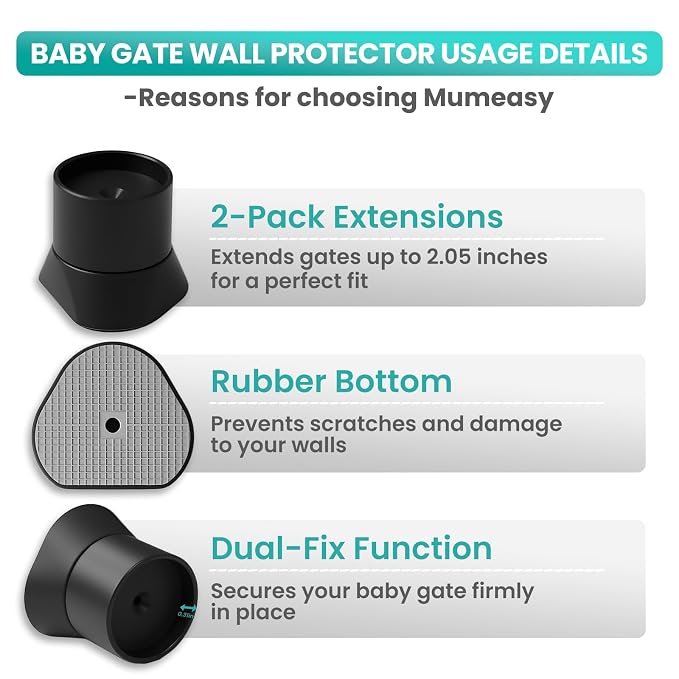 Mumeasy 4 Pack Baby Gate Wall Protector Extender – Pressure Mounted Safety Gate Extension Kit 0.78-3.96 in, Protects Walls & Doorways from Pet & Dog Gates, Works on Stairs & Door, Black