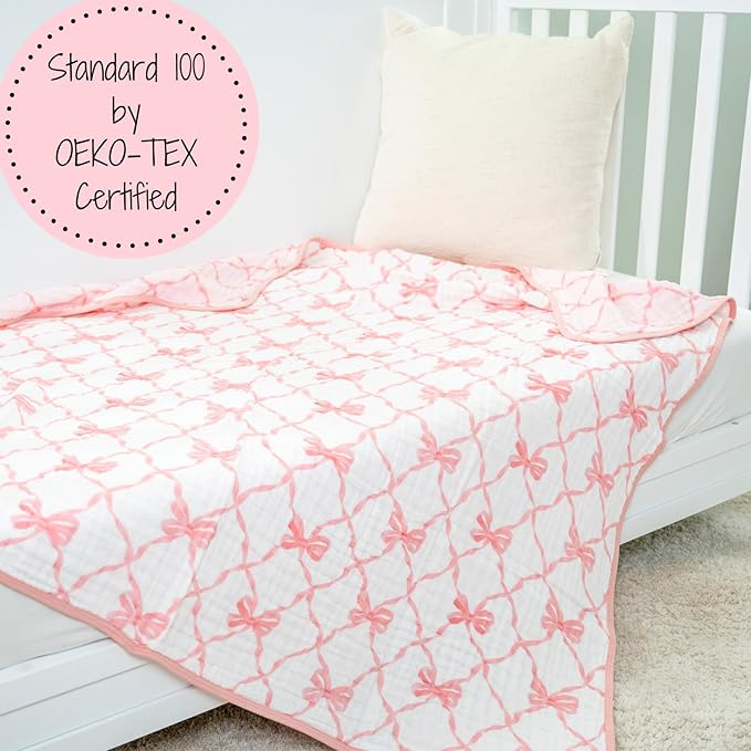 LollyBanks Muslin Baby Blanket, 100% Cotton 6 Layers Cozy Newborn Blanket for Girls, Large 47 x 47 Inches Baby Receiving Blankets, Durable Toddler Blanket, Baby Essentials, Registry (Pink Bow Print)