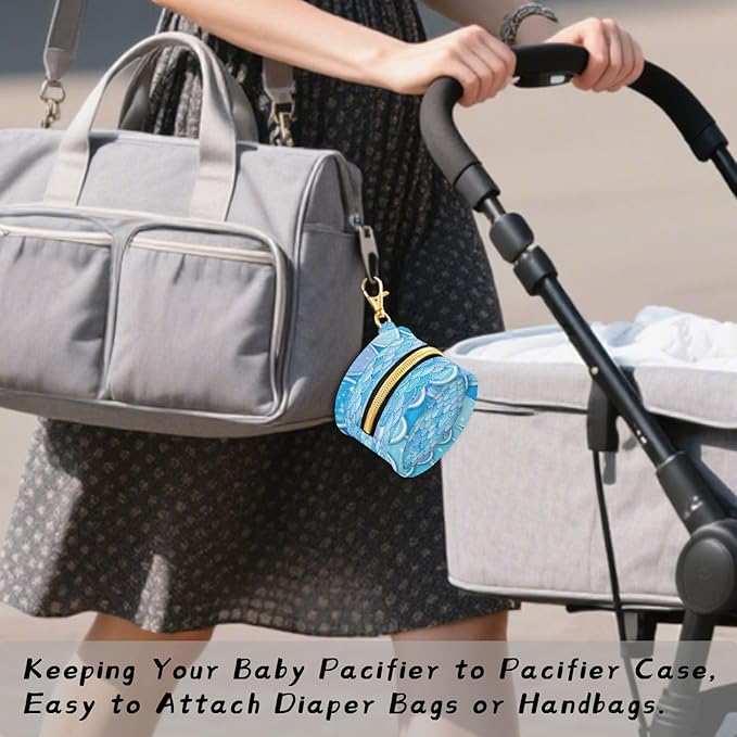 Pacifier Holder with Clip Pacifier Case for Diaper Bag Round Baby Pacifier Pouch Box Bag Portable Blue Fish Scale Pattern