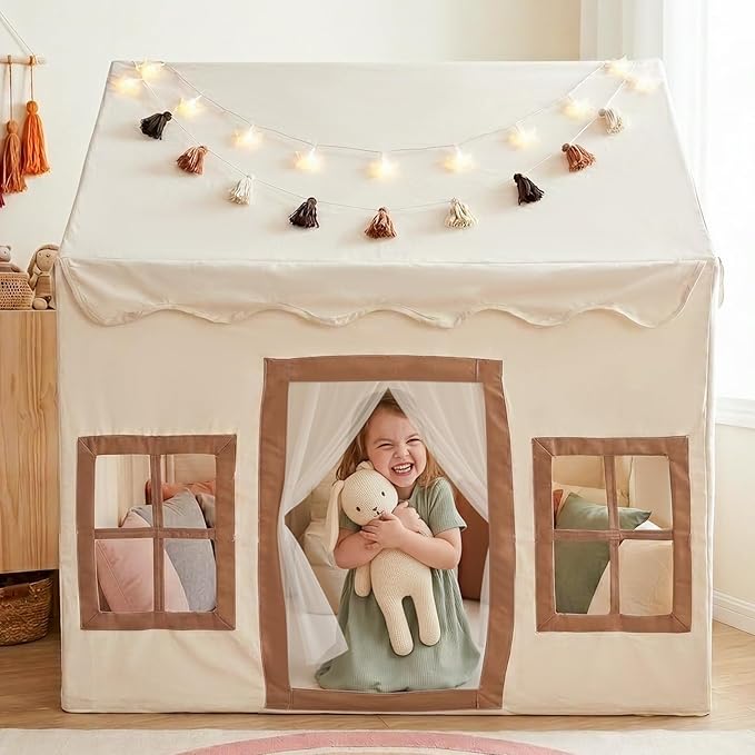 Little Dove Kids Play Tent with Mat, Star Lights, Tassel Garland, Toddler Playhouse with Windows Easy to Wash, Indoor and Outdoor Play Tents for Kids, Toys for Girls, Boys, Birthday Gift, Beige