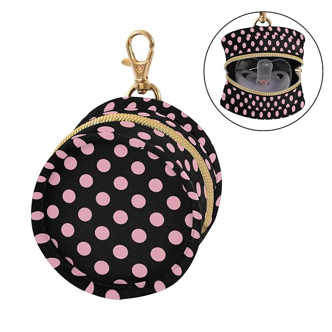 Black Polka Dot Pink Pacifier Holder Case Newborn Pacifier Storage Pouch for Boys Girls Easy Attach to Diaper Bag Portable Baby Essentials Container