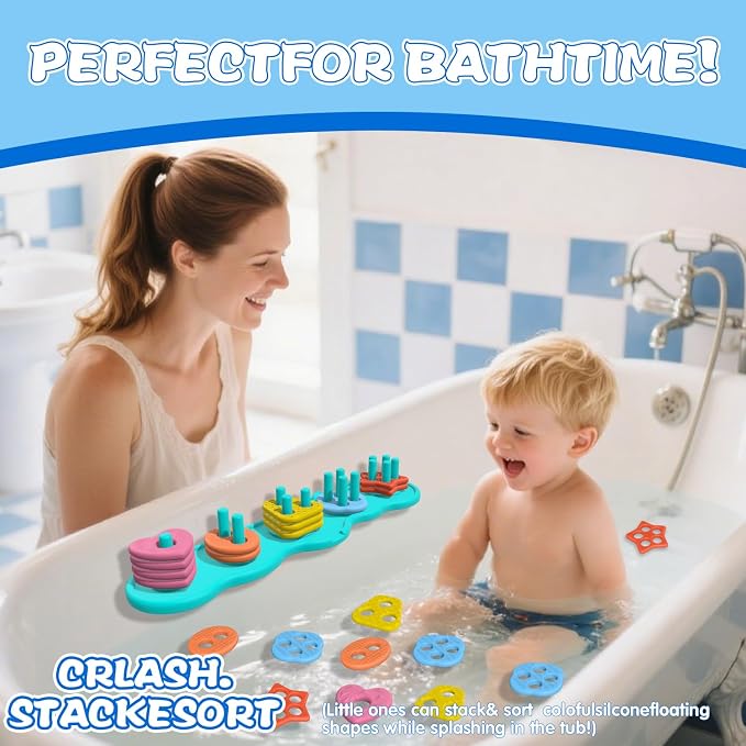 Suction Baby Bath Toys, Mold Free Silcone Shape Sorting & Stacking Bathub Toy, Sensory Toys & Best Gift for Toddlers 3 4 5 Early Learning Bathtub Fun (Geometry)