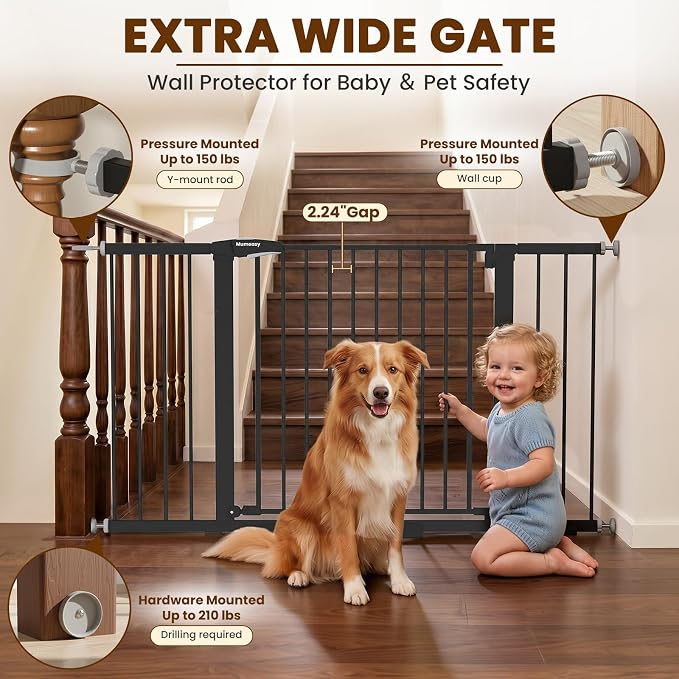 Mumeasy 36-58" Extra Wide Baby Gate for Stairs, 30" Tall Walk Through Dog Gate for Doorways & Hallways, Auto Close Pressure Mounted Safety Gate for Toddlers & Pets, Dual Swing Child Gate Indoor, Black