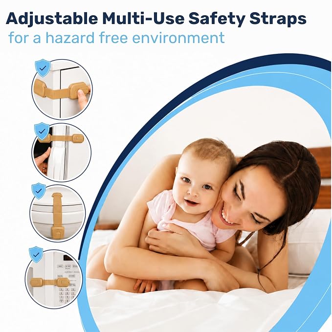 3M Adhesive Child Safety Strap Locks by Baby Proof Me, Baby Latches for Cabinets, Dishwashers, Fridges, Ovens and Trash Cans, Stain Free Toilet Lock (Oak, 6 Safety Latches)