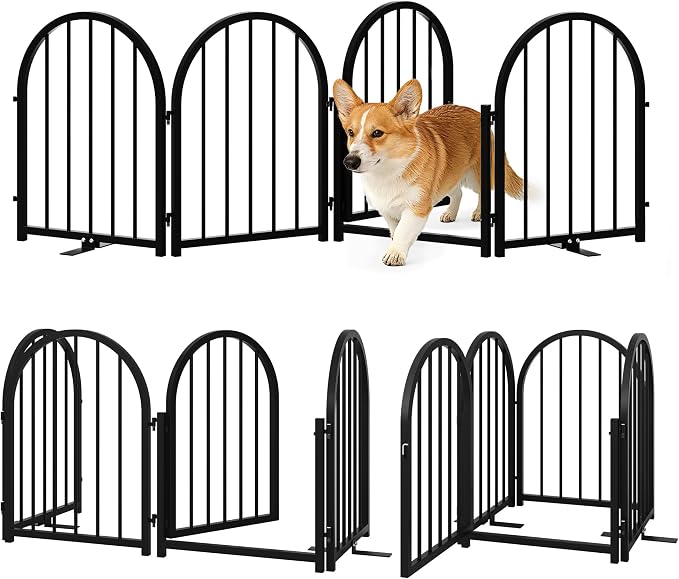 PUPETPO Full Metal Dog Gate with Door for Indoor Outdoor, 24" Tall Free Standing Pet Dog Fence, 72" Extra Wide Pet Gates for Stairs, Hallways, Doorways, Kitchen, Decks, Yards (Black, 4 Panels)
