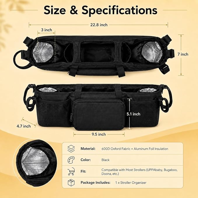 Double Stroller Organizer for Bob Duallie Baby Jogger City Mini GT2 Jeep,Adjustable Straps Universal Caddy Organizer with Cup Holders, Large Storage Accessory Bag