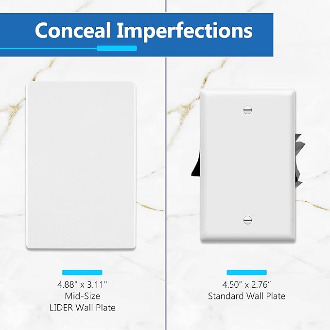 LIDER Blank Wall Plate, Temperature and Impact Resistant, UL Listed, Polycarbonate Thermoplastic, Screwless Design, Matte Finish, Modern Upgrade, Midsize, 1-Gang, 4.88??x 3.11?? White, 5 Pack