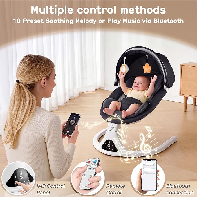 Electric Baby Swing for Infants to Toddler| Portable Infant Swing with Remote Control, Rocker with 5 Speeds, 3-Point Harness for Baby Boy Girl (Black)