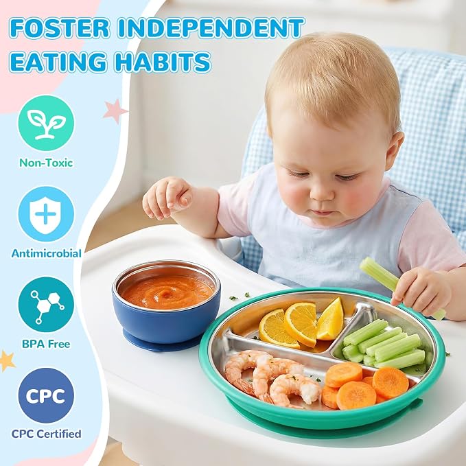 Havawish 8 Pcs Stainless Steel Baby Plate and Bowls with Suction, 8.3" Kid Divided Plate and 4" Toddler Bowl with Removable Silicone, BPA-free Non-slip Baby Feed Set Dishwasher Safe for Boy Girl(Blue)