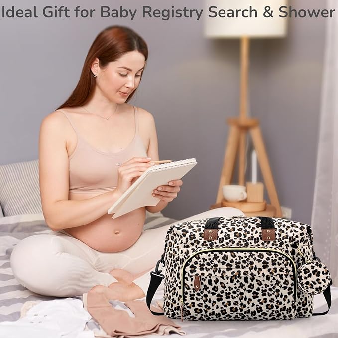 Tenot Diaper Bag Tote with Pacifier Case, Baby Bag for Women with Shoulder Straps, Travel Diaper Tote for for Mom and Dad Medium Size, Leopard Print
