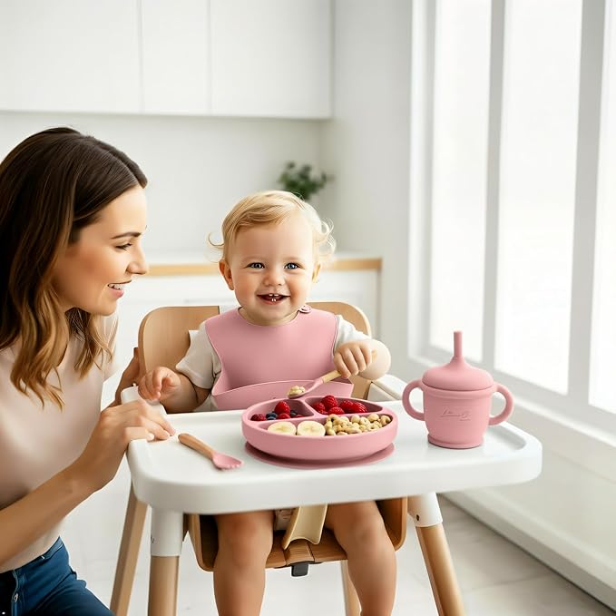 Silicone Baby Feeding Set, 10 Pcs Baby Led Weaning Supplies | BPA-Free Baby Dishes with Toddler Plates and Bowls Set, Silicone Bib, Suction Cup, Baby Spoons & Forks | Empower Independence ??Pink