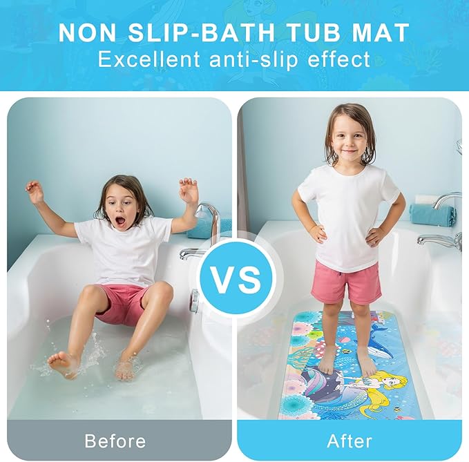 Upgrade Cartoon Baby Bath Mat Non Slip - 40"x16" Extra Long Bathtub Mat for Baby Eco Friendly Durable Bath Mat for Tub Non Slip Kids Tub Mat with Suction Cups, Machine Washable and No Fading, Mermaid
