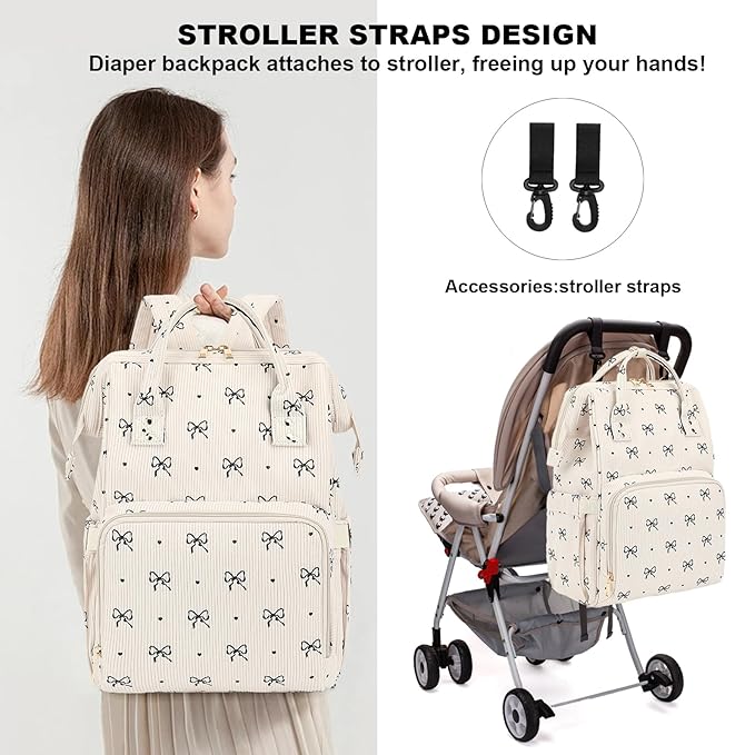 Baby Diaper Bag Backpack for Mom, Large Capacity Travel Nappy Bag for Boys & Girls with Stroller Straps (Corduroy Bow Tie)